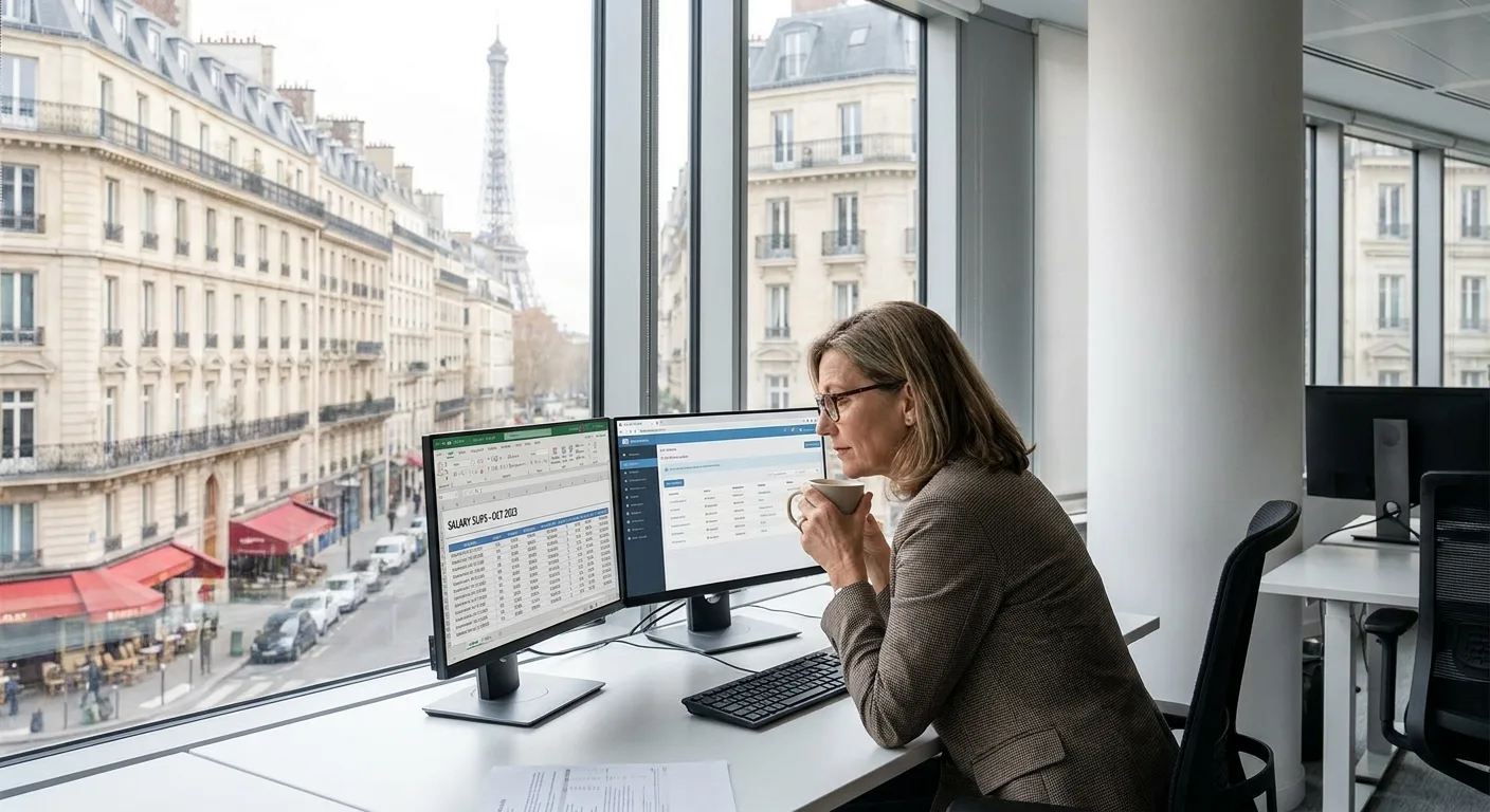 Gestionnaire paie consultant des bulletins de salaire sur ordinateur dans un bureau moderne parisien