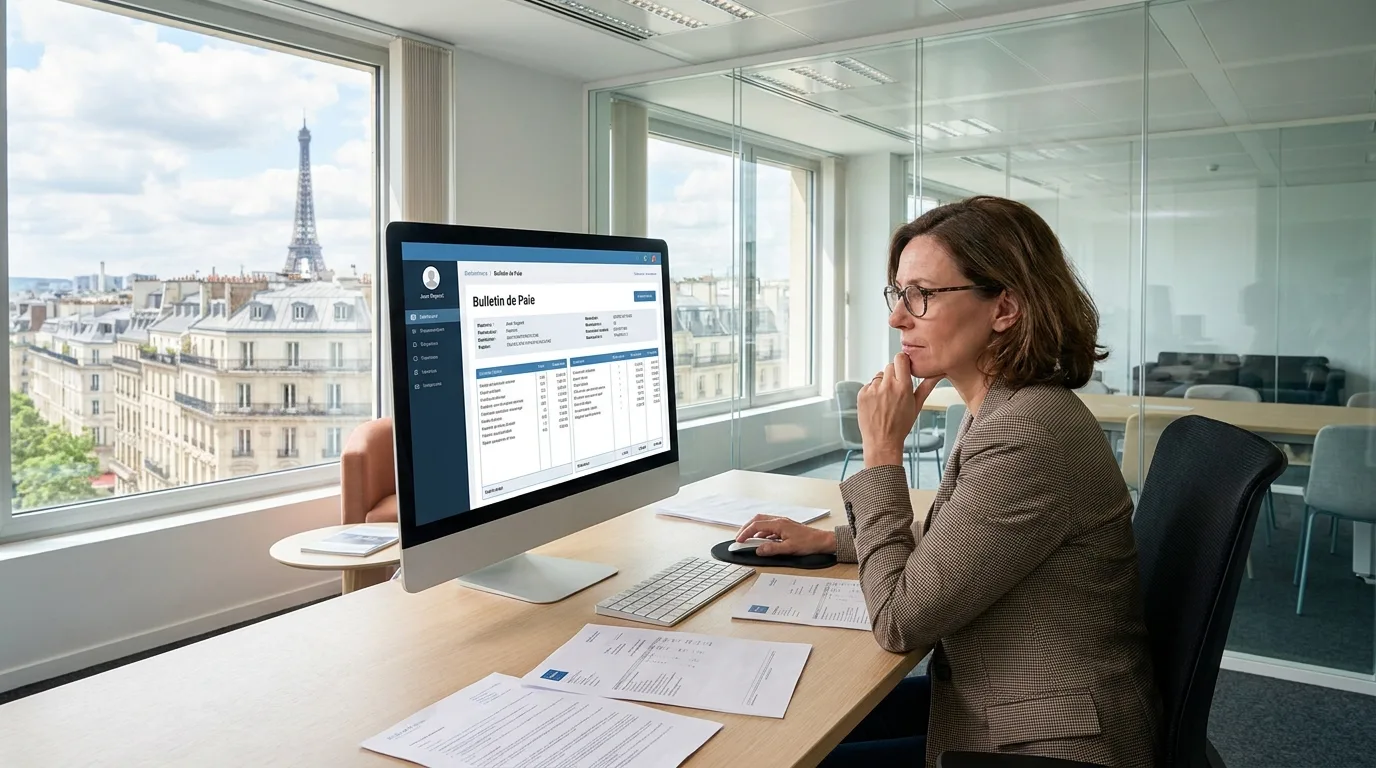 Gestionnaire de paie examinant une fiche de salaire sur ordinateur dans un bureau moderne à Paris.