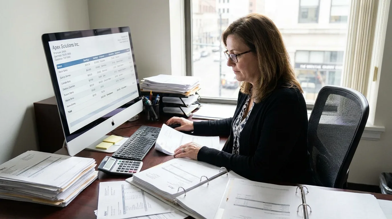 Gestionnaire de paie consultant des bulletins de salaire numérisés sur écran d'ordinateur avec documents papier