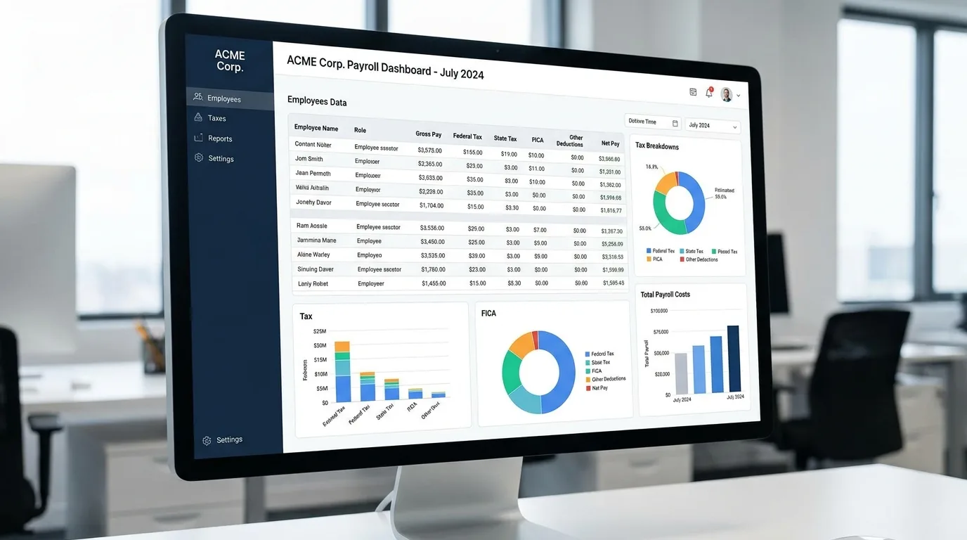 Tableau de bord numérique de gestion de paie affichant les données salariales et calculs fiscaux des employés.
